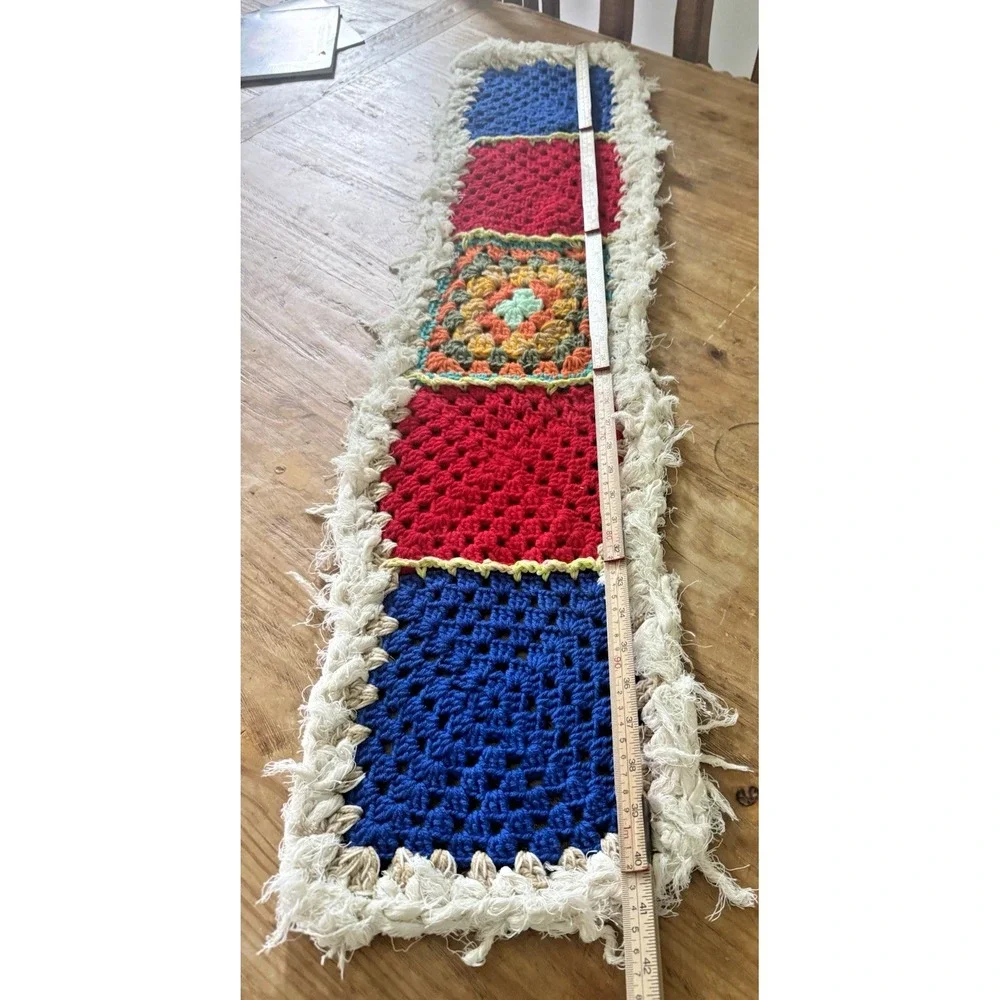 Handmade Crochet Knit Granny Square Red Blue Cream Table Runner Textile 40X13